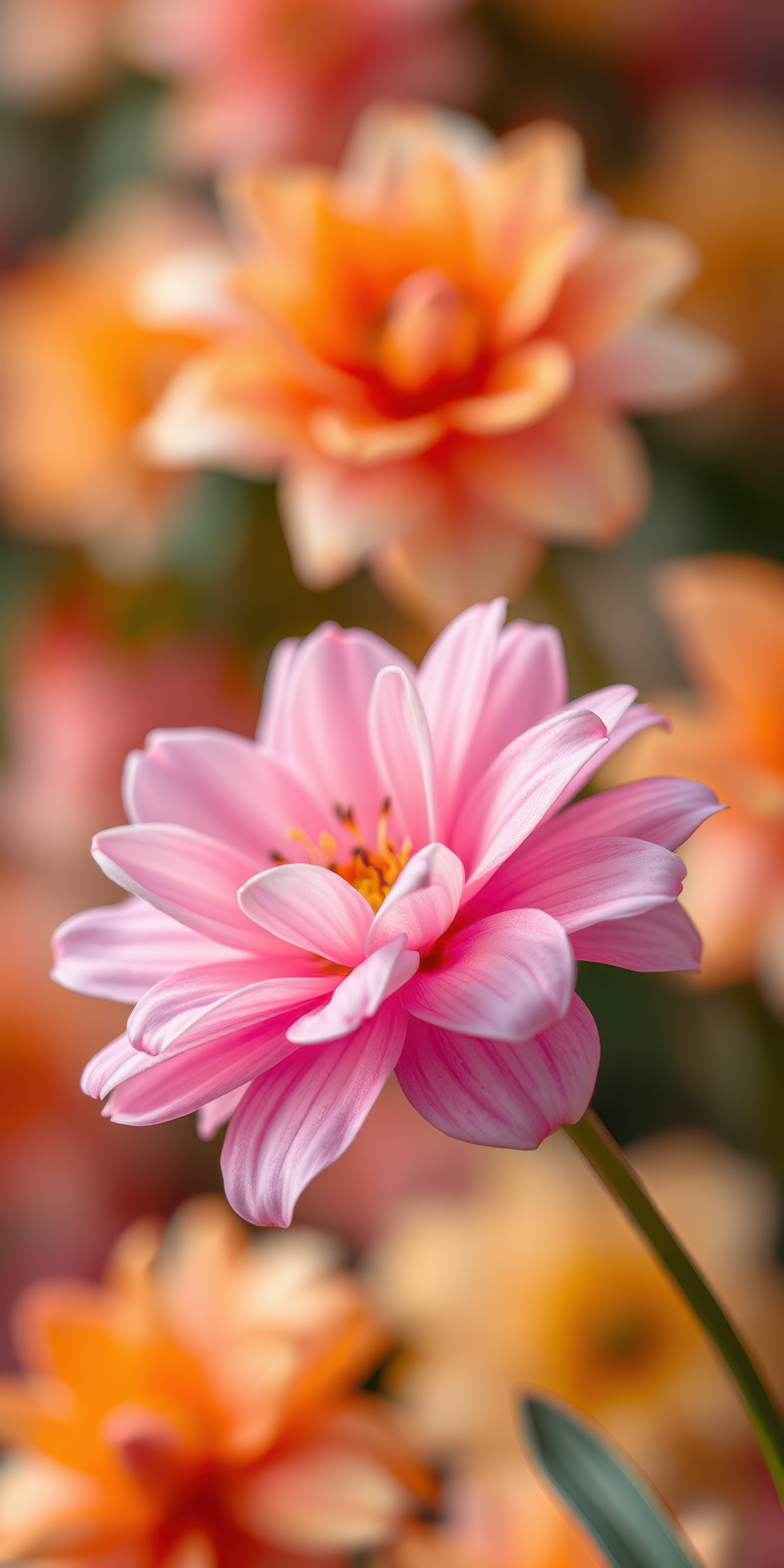 Beautiful pink flower stands out among vibrant orange blossoms in a garden setting